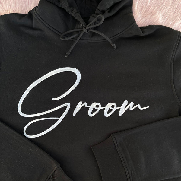 Script Font Matching Bride Groom Sweaters and Hoodies with optional Skeleton Heart Hands