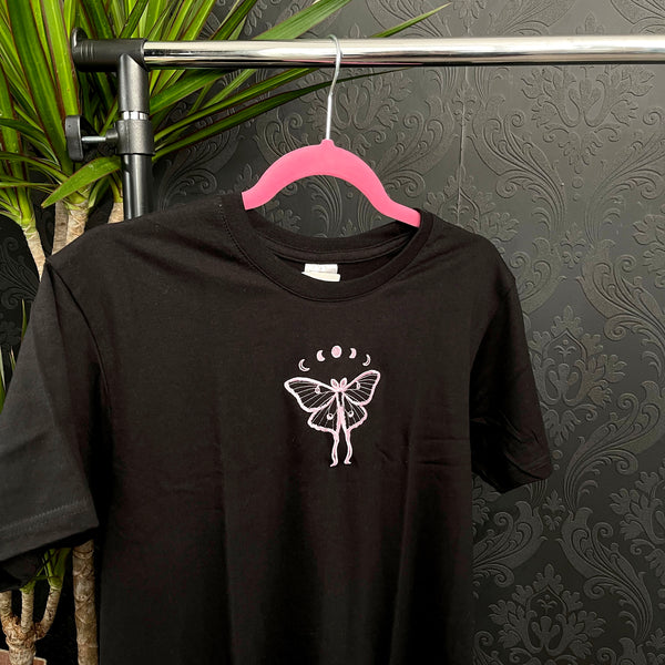 Luna Moth Moon Phases Embroidered Black T Shirt