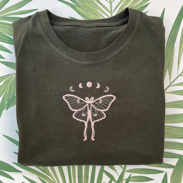 Luna Moth Moon Phases Embroidered T Shirt