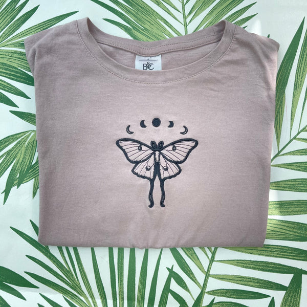 Luna Moth Moon Phases Embroidered Pink T Shirt