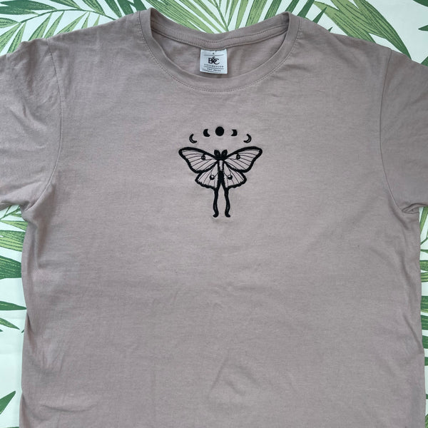 Luna Moth Moon Phases Embroidered Pink T Shirt