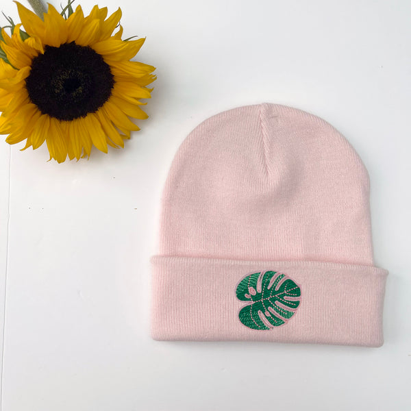Tropical Leaf Embroidered Beanie Hat