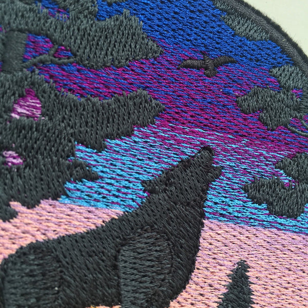 Sunset Wolf Howling Iron On Embroidered Patch