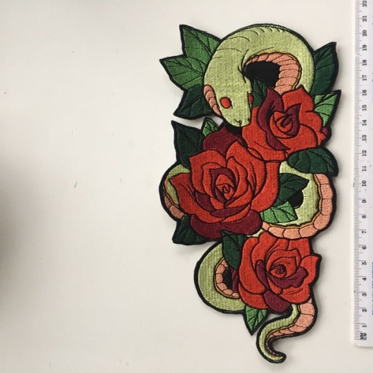 Medium sized Green Snake and Roses Iron on Embroidered patch