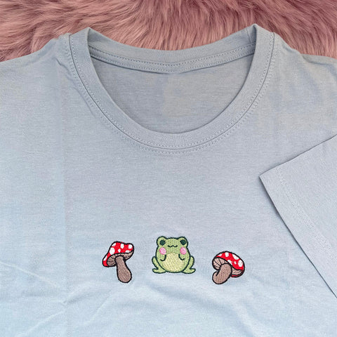 Adorable Embroidered Frog and Mushroom T Shirt