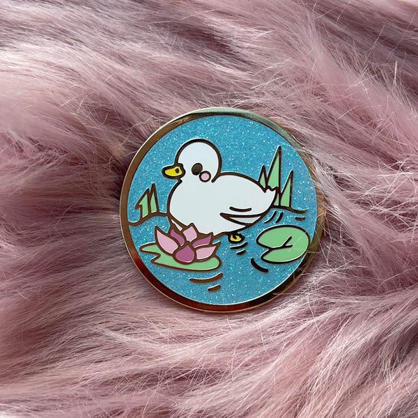 Cute Duck Glittery Enamel Pin Duck on a Lake