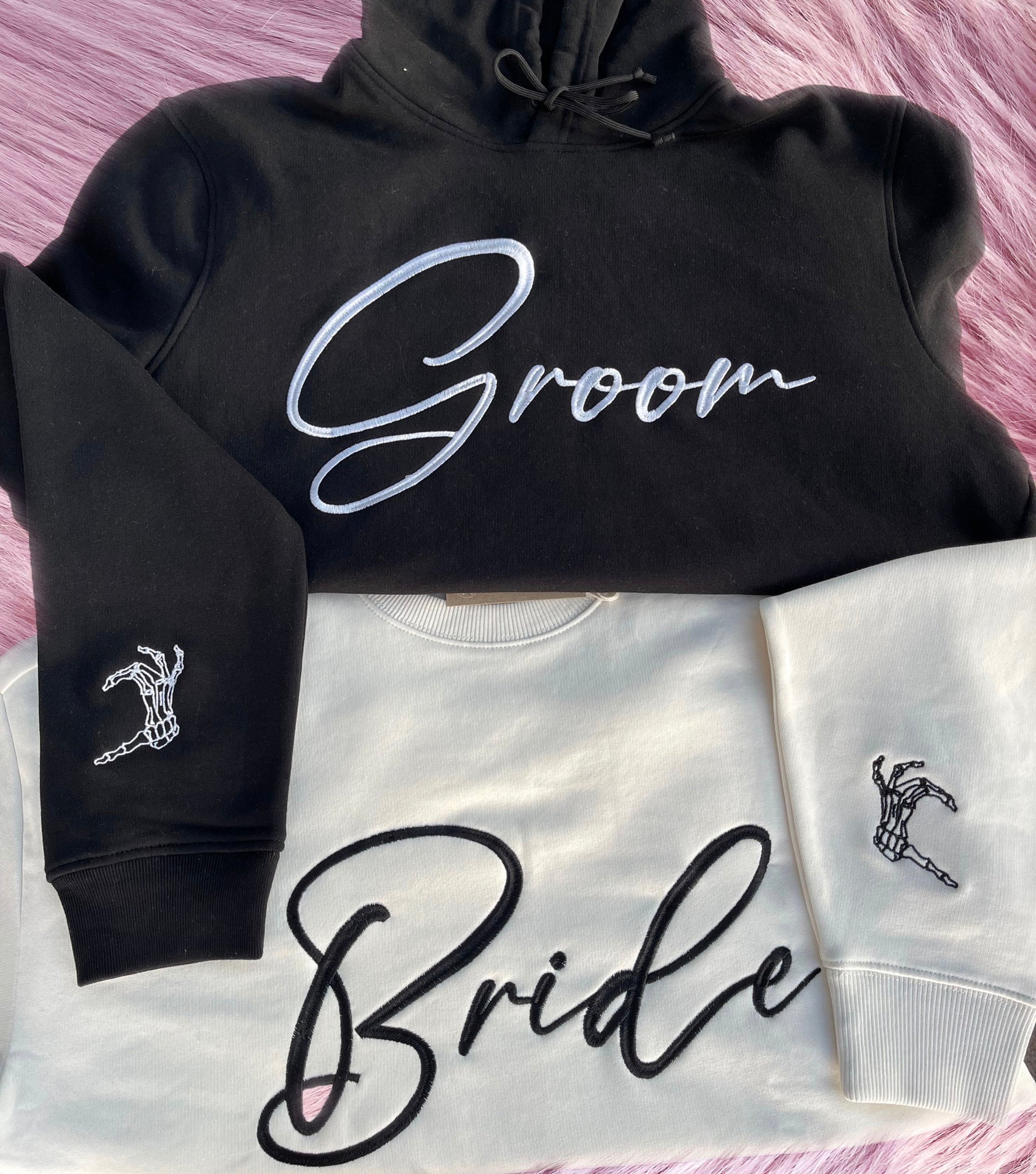 Script Font Matching Bride Groom Sweaters and Hoodies with optional Skeleton Heart Hands