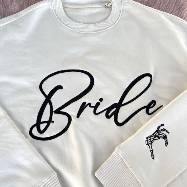 Script Font Matching Bride Groom Sweaters and Hoodies with optional Skeleton Heart Hands