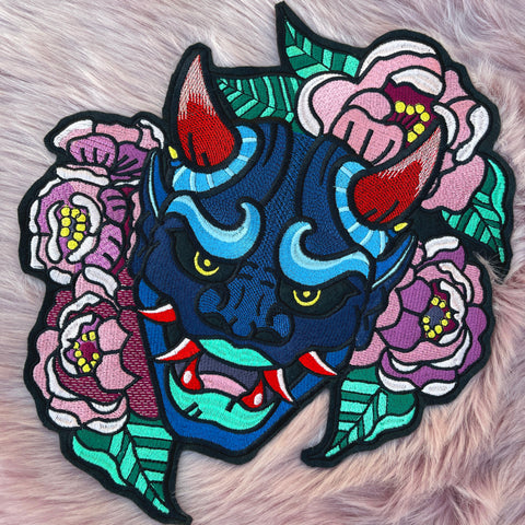 Huge Demon Mask Iron On Patch Blue Oni