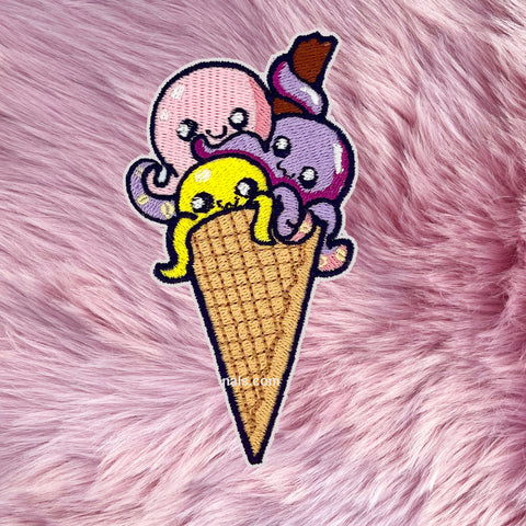 Sweet Savory Cute Iron On Embroidery Octopus In and Ice Cream cone