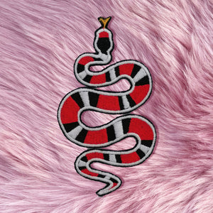 Small Iron On Red Black White Snake Embroidered Patch