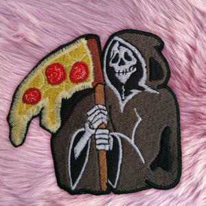 Death By Pizza Grim Reaper with Pizza Sythe Iron On Embroidery Patch