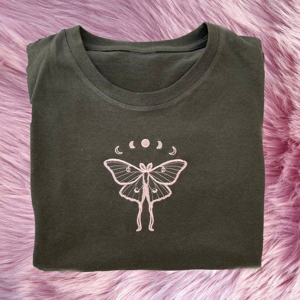 Luna Moth Moon Phases Embroidered T Shirt