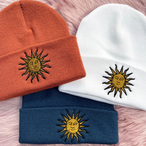 Celestial Gold Sun Embroidered Beanie Hat