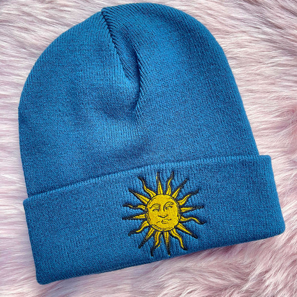 Celestial Gold Sun Embroidered Beanie Hat