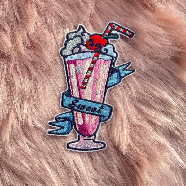 Sweet Treat Cherry Skull In a Strawberry Sundae Milkshake Iron on Embroidery Patch