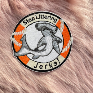 Anti-Littering Hammerhead Shark Iron On Embroidered Patch