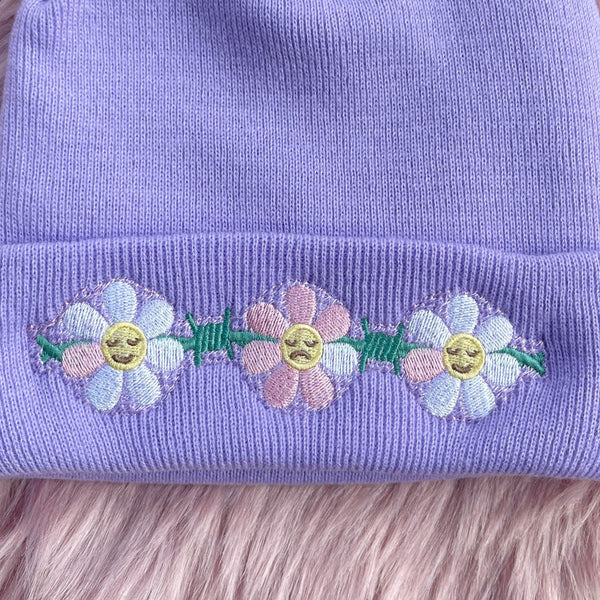 Barbed Wire Daisy Embroidered Beanie Hat