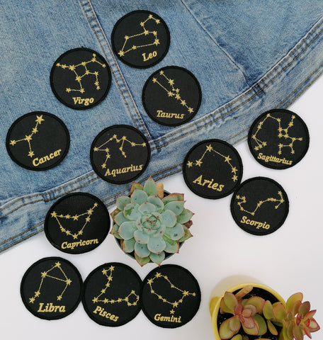 Horoscope Zodiac Star Sign cosmic glitter star Iron On Embroidery Patch