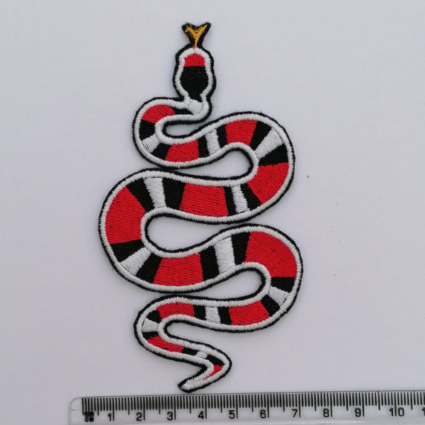 Small Iron On Red Black White Snake Embroidered Patch
