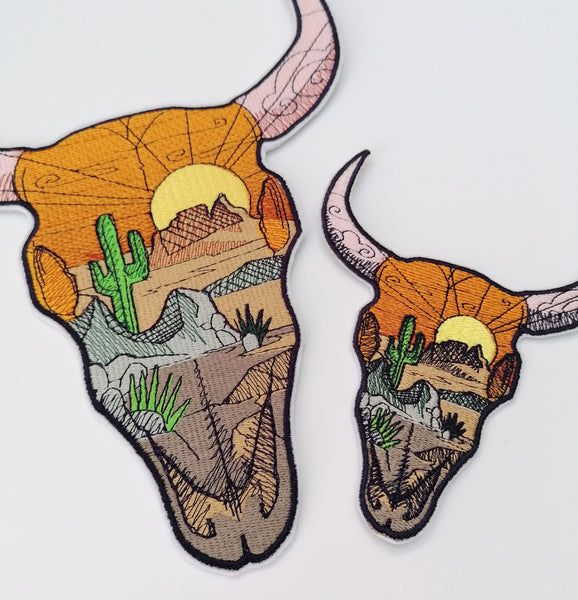 Western Desert Theme Cow Bull Animal Skull Skeleton Iron On Embroidery Patch