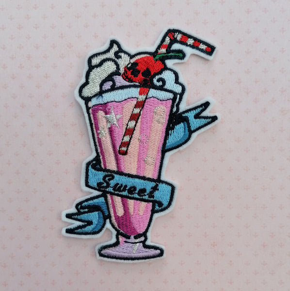 Sweet Treat Cherry Skull In a Strawberry Sundae Milkshake Iron on Embroidery Patch