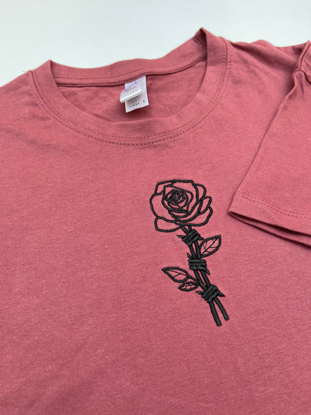 Barbed Rose Embroidered T Shirt Flash Tattoo Style Unisex
