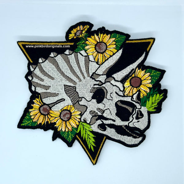 Skeleton Triceratops with Flowers Iron On Embroidery Patch