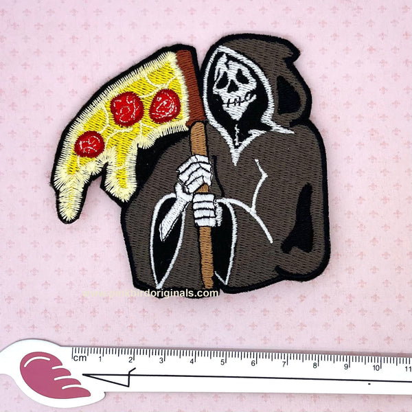 Death By Pizza Grim Reaper with Pizza Sythe Iron On Embroidery Patch