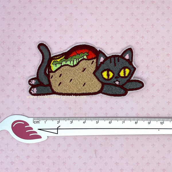 Purr-ito cat in a burrito iron on embroidered patch