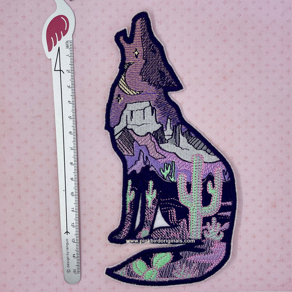 Howling Coyote Wolf Desert Scene Twilight Soft Pink Iron On Embroidery Patch for Jackets