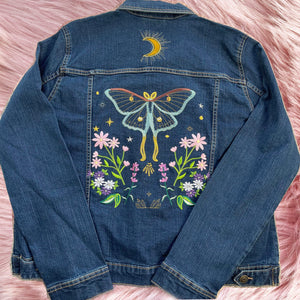 Embroidered Denim Jacket Featuring Luna Moth and Flower Design Bespoke Statement Piece