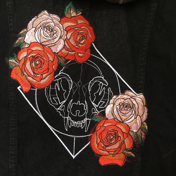 Cool and Unique Rock and Roll Punk Gothic Cat Skull and Roses Embroidered Jacket