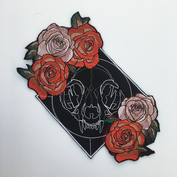 Large Beautiful Iron On Skull Cat and Roses Embroidered Patch