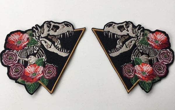 Skeleton T-rex Tyrannosaurs Rex with Flowers Iron On Embroidery Patch