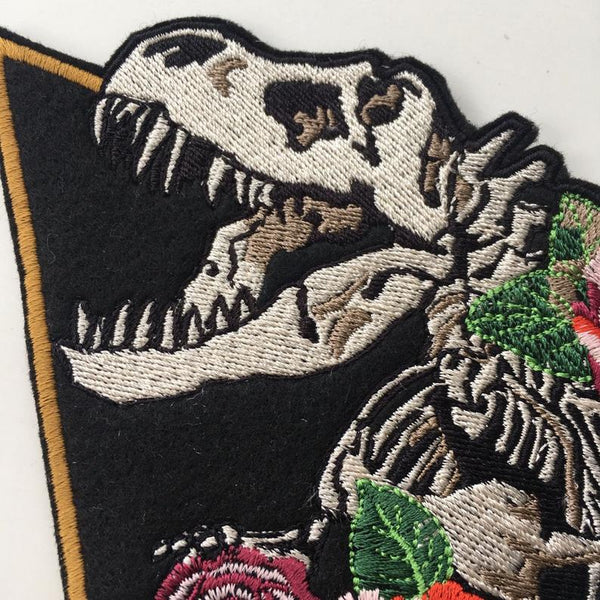 Skeleton T-rex Tyrannosaurs Rex with Flowers Iron On Embroidery Patch