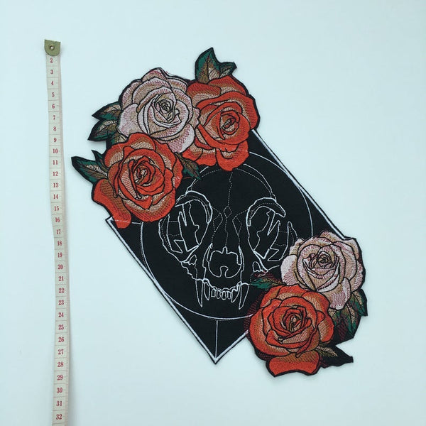 Large Beautiful Iron On Skull Cat and Roses Embroidered Patch