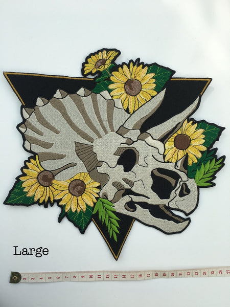 Skeleton Triceratops with Flowers Iron On Embroidery Patch
