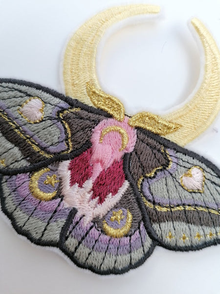 Pink And Pastel Iron On Embroidery Luna Moth Embroidered patch moon glitter cute celestial gift