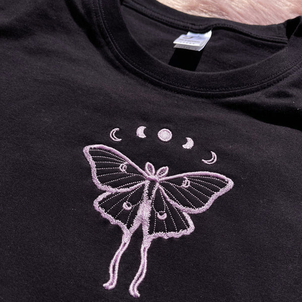 Luna Moth Moon Phases Embroidered Black T Shirt