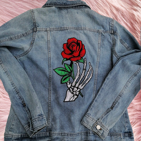 Cool Rock N Roll Embroidered Denim Jacket Skeleton Rose Hand Punk Bones Fun Fashion